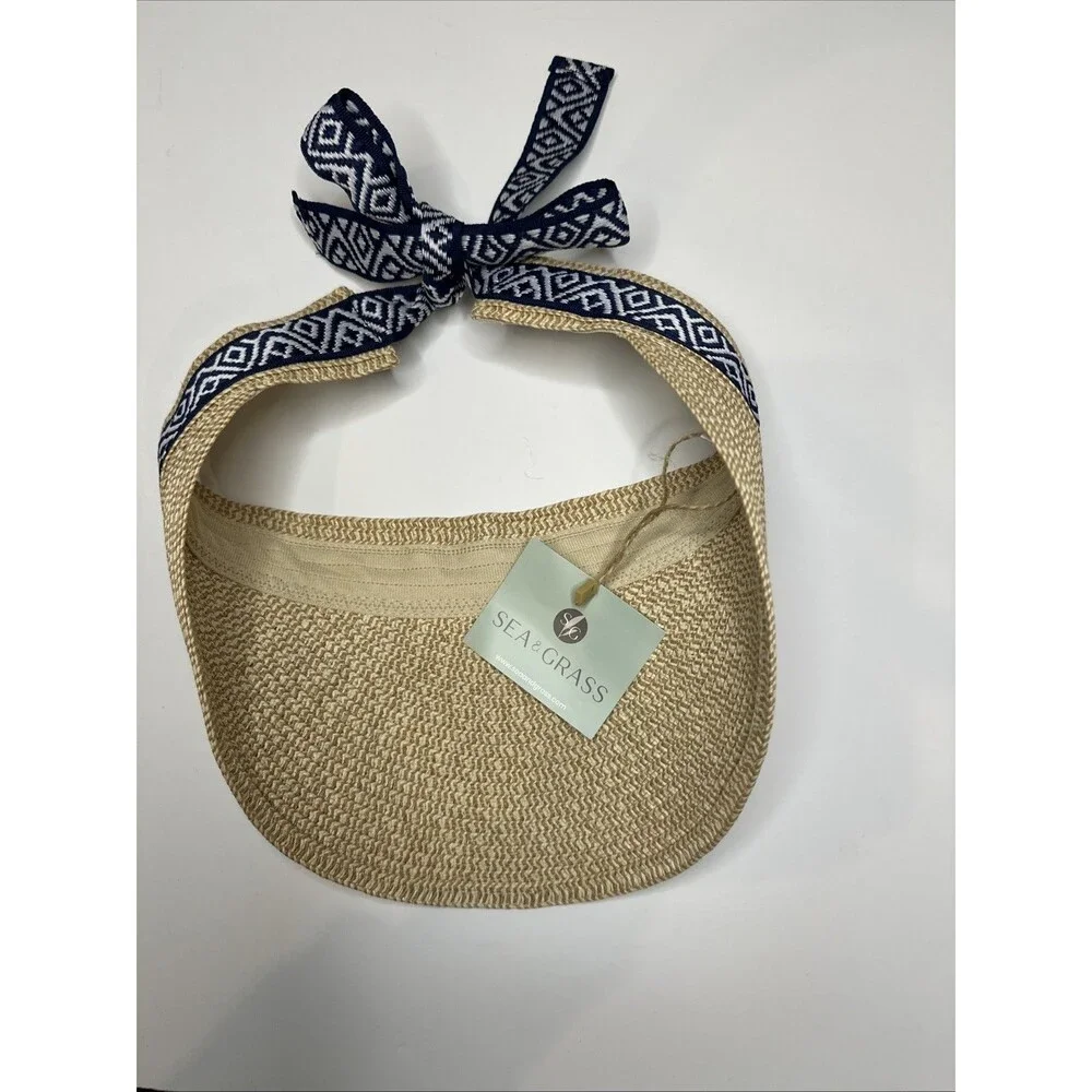 NWT Sea & Grass Women's Paper Straw Hat Visor Blue Ribbon Tie Closure NEW